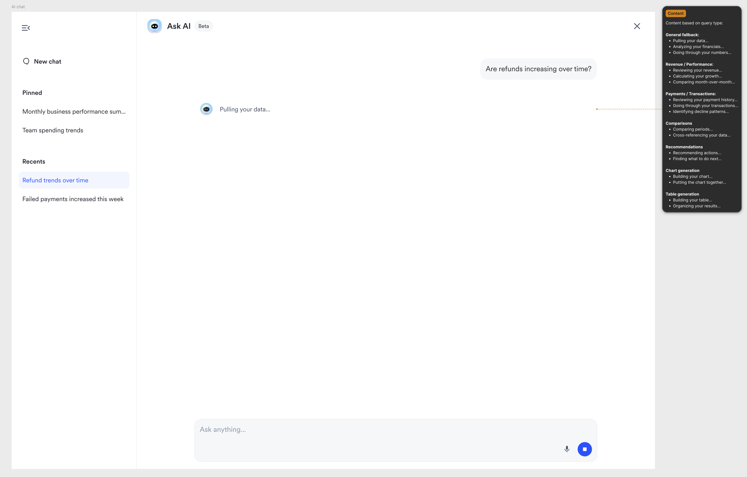 One handoff screen, annotated: thinking-state copy keyed to query type, input single vs multi-line, and the edge cases a developer would otherwise guess at.