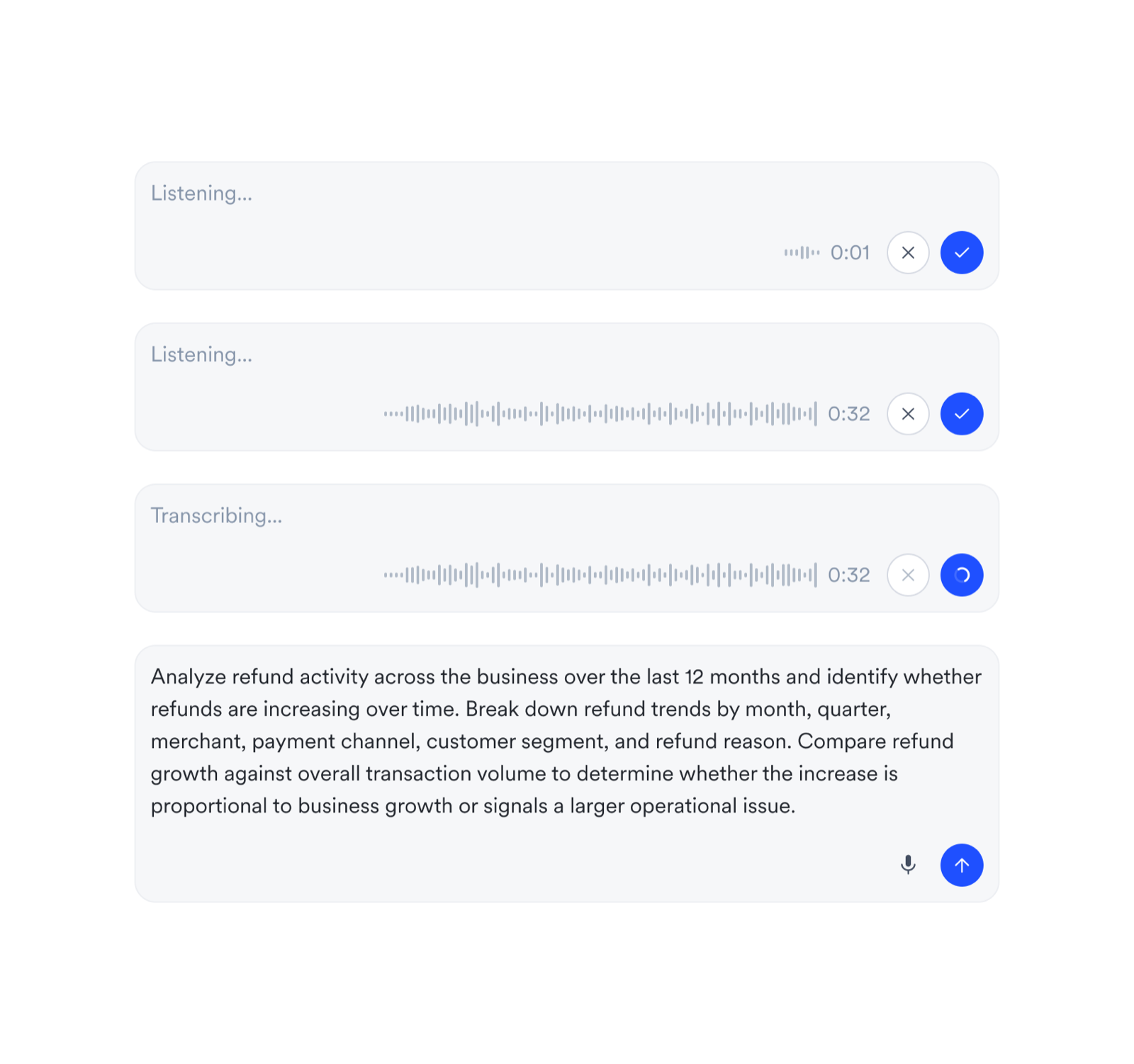 The speech-to-text state set: listening at first input, listening through a full take, transcribing, then the editable result.
