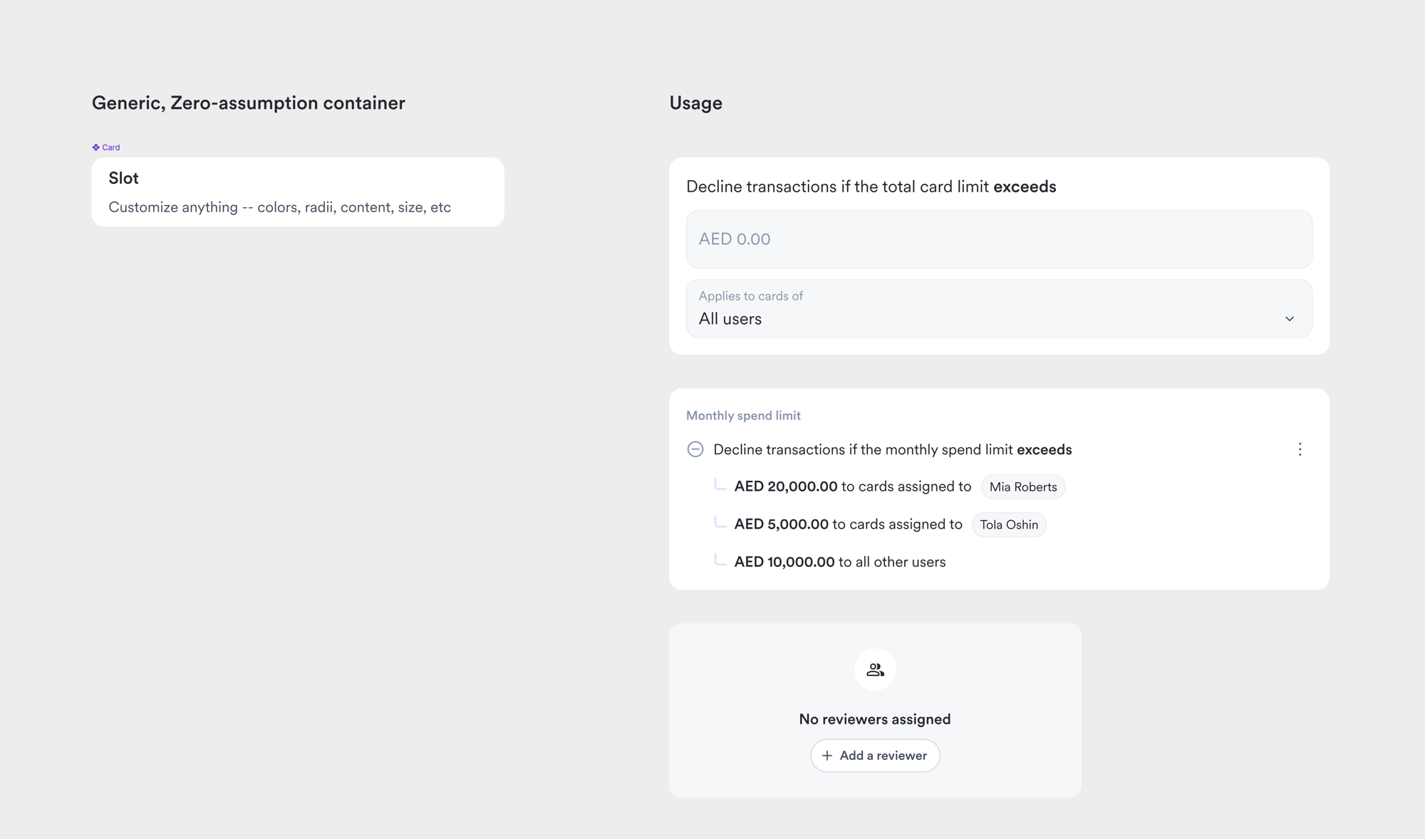 The Card: scoped to a zero-assumption container with one content slot and no style variants. The same primitive composes a spend-limit rule, an empty state, and an input group.