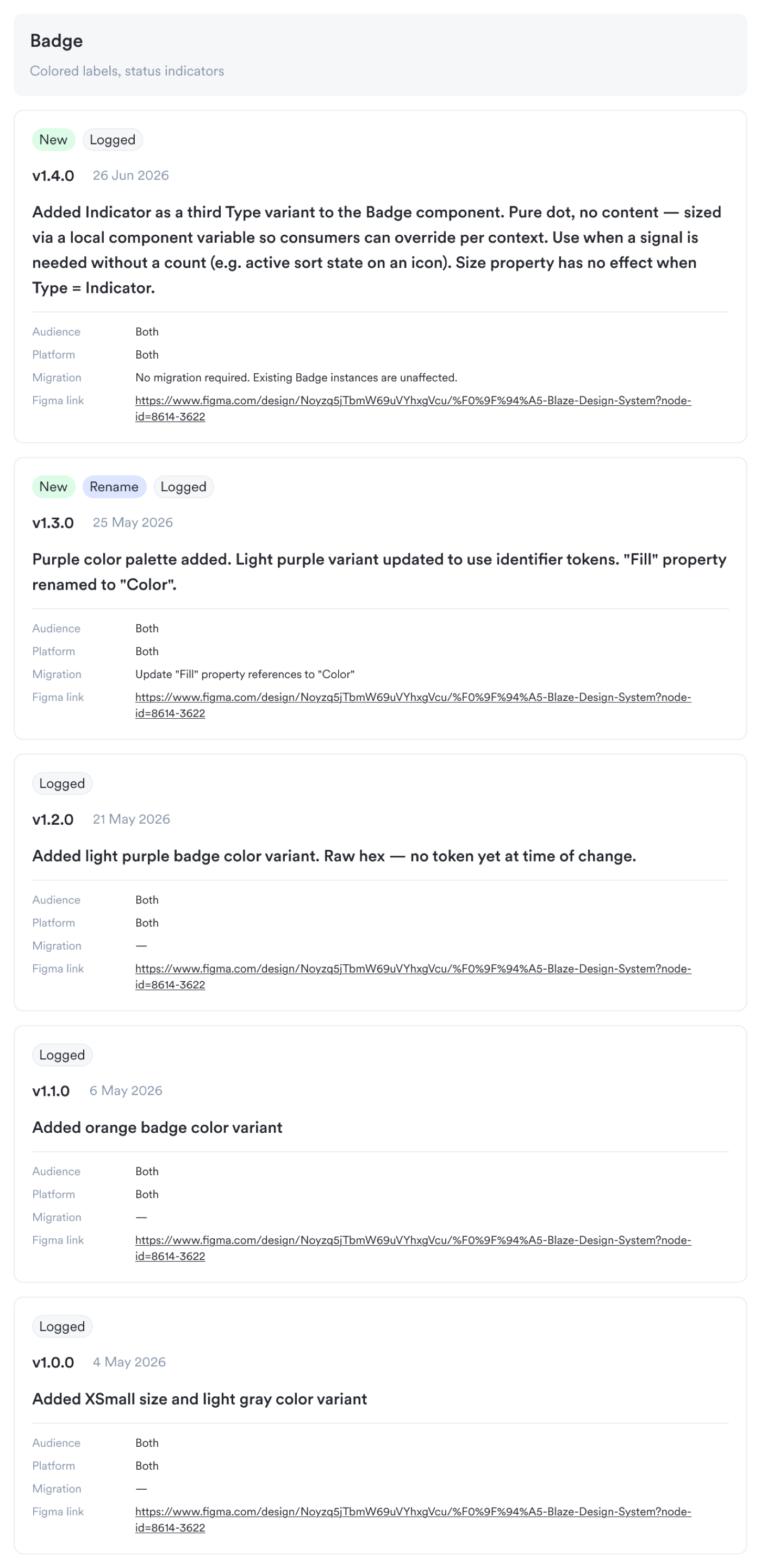 The changelog: every published change becomes a versioned, typed entry inside Figma. Audience, platform, and migration steps travel with it, so engineers see what changed without chasing a comment.