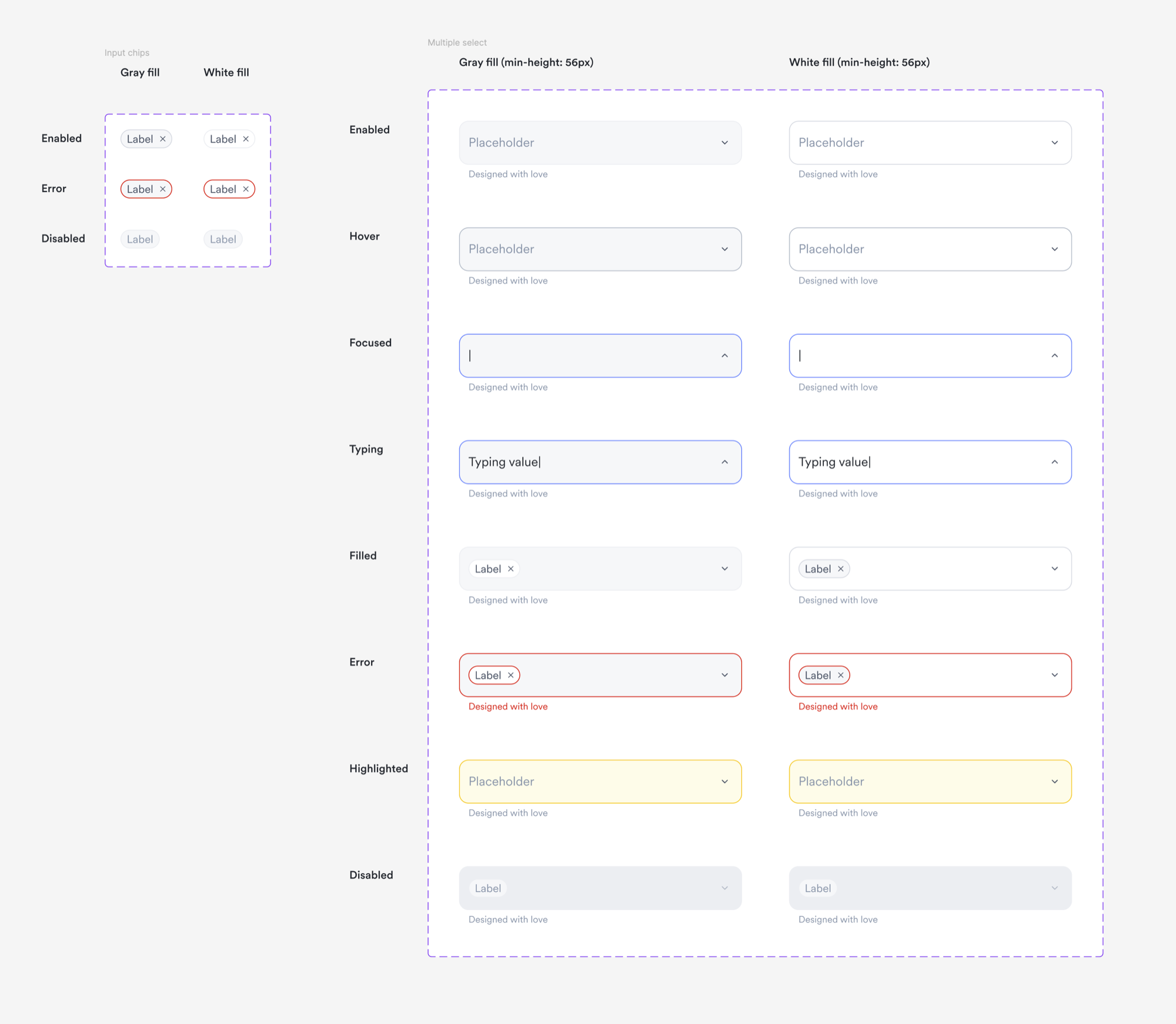 The full state matrix for a single input: enabled, hover, focused, typing, filled, error, highlighted, disabled, across both fill styles. The quality bar I set by hand before extending with AI.