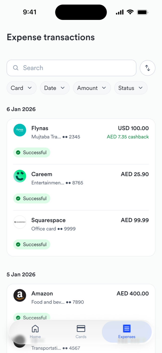 One table, one place: every card swipe as a single row with card, status, and cashback, filterable by card, date, amount, and status.
