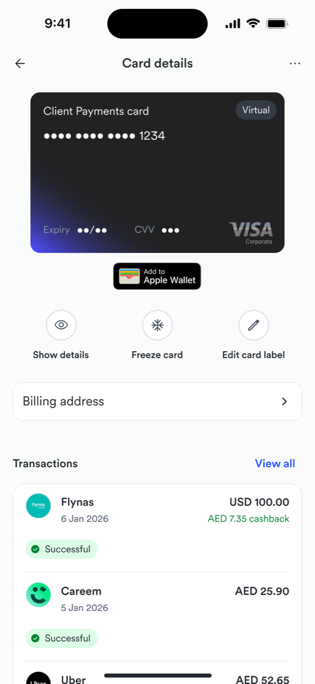 Native card management: reveal, freeze, label, and the Add to Apple Wallet action that the whole flow existed to unlock.